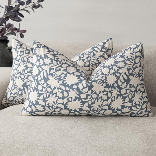 Image of Foindtower Set of 2 Decorative Neutral Floral Throw Pillow Covers Accent Farmhouse Cushion Covers Boho Lumbar Pillowcase for Couch Sofa Bedroom Living Room Home Decor,12x20 Inch,Dusty Blue