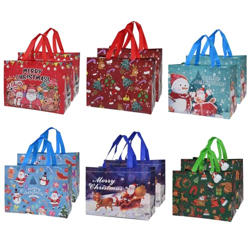 SENTAIMAO Christmas Tote Bags Reusable Grocery Tote Bags with Handle Gift Present Bags for Holiday Xmas Event Party12 Pack