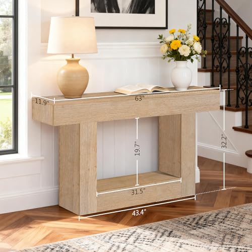 Image of Sonharlar 63 Inch Long Entryway Table U-Shaped Extension, Wooden Console Table with Socket Farmhouse Sofa Table for Entrance, Hallway, Living Room,Behind Couch((Oak Brown)