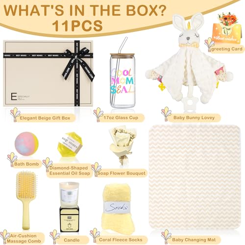 Image of New Mom Gift Box Set - 11PCS Unisex Luxury Spa & Baby Essentials in Elegant Box | Bunny Lovey, Changing Pad, Socks - Baby Shower & Postpartum Care Package for Expecting Moms