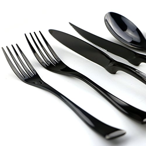 Uniturcky Stainless Steel Mirror Polished Flatware Set, Steak Knife Dinnerware Knife Fork Salad Fork Dessert Spoon 6-Piece, Service For 1, Black #TOP5