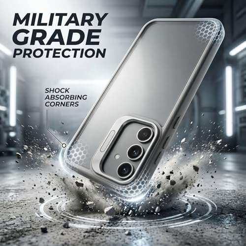 Image of amazon basics Frosted Matte Case for Samsung Galaxy A55 5G | Built-in Flip-Out Camera Lens Stand | Translucent Back with Contrast Gray Bumper | Shockproof Protective Cover with Foldable Kickstand