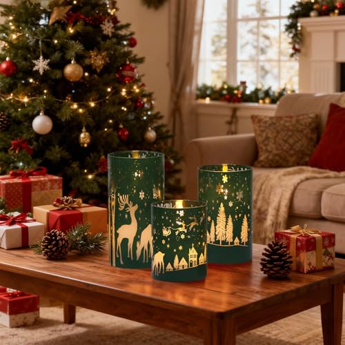 Image of Wondise Christmas Reindeer LED Flameless Candles with Remote Timer, Electroplate Glass Battery Operated Real Wax Flickering 3D Wick Pillar Candles for Christmas Holiday Home Decoration