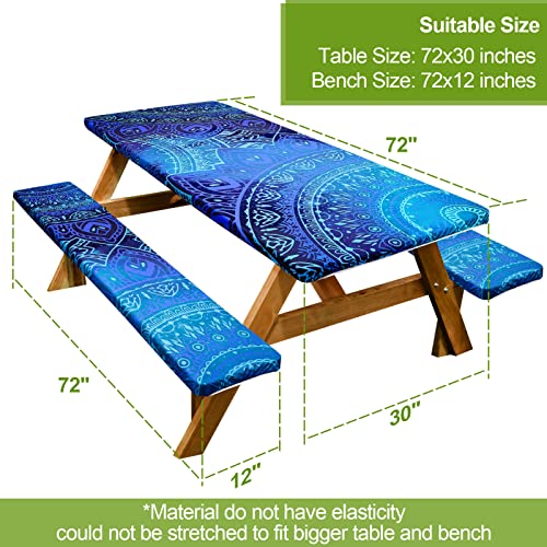 Image of Picnic Table Cover with Bench Covers 6FT 3 Pcs Waterproof Windproof Aesthetic Camping Tablecloth with Drawstring Bag, Fitted for 6 Foot Rectangle Tables and Seats, 72 inch, Dark Blue Green