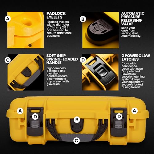Image of NANUK 910 Hard Case with Customizable Cubed Foam, IP67 Waterproof, Dustproof and Impact Resistant, 14.3 inch x 11.1 inch x 4.7 inch, Rugged Construction for Ultimate Protection, Made in Canada - Yellow