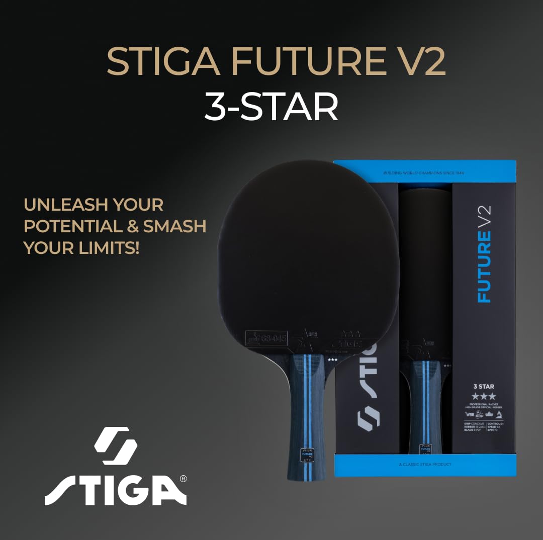 STIGA Raquette de Tennis de Table Future V2 – Raquette 3 Étoiles Offensif, Bois 5 Plis, Manche Concave, WRB Technologie, Revêtement ITTF Star 3, Mousse 2,0 mm