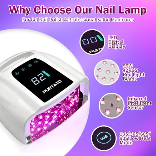 Image of PURTATO Professional Rechargeable 96W UV LED Portable Cordless UV Light for Nail Lamp Machine with Removable Stainless Steel Bottom,4 Timer Setting and Smart Sensor Nail Dryer (White)