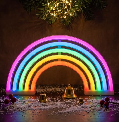 Image of Neon Rainbow Sign, USB & Battery Powered LED Wall Light, Cute Rainbow Decor for Girls Bedroom, Kids Room, Nursery & Dorm - Safe, No-Flicker Night Light for Party, Christmas & Birthday Gift