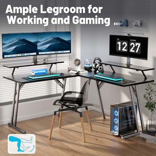 Image of HLDIRECT 51 Inch L Shaped Gaming Desk with Monitor Stand and LED Lights, Corner Computer Desk with Carbon Fiber Surface, PC Gaming Table for Home Office Writing Workstation, Easy to Install, Black