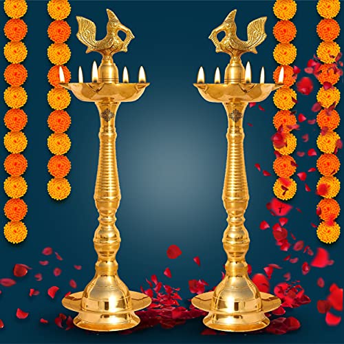 Indian Art Villa Pure Brass Stand/Pillar Diya/Deepak/Lamp/Lantern with Bird Design, Pooja, Home Decor & Diwali Gift Item, Height-20 Inches, Set of 2