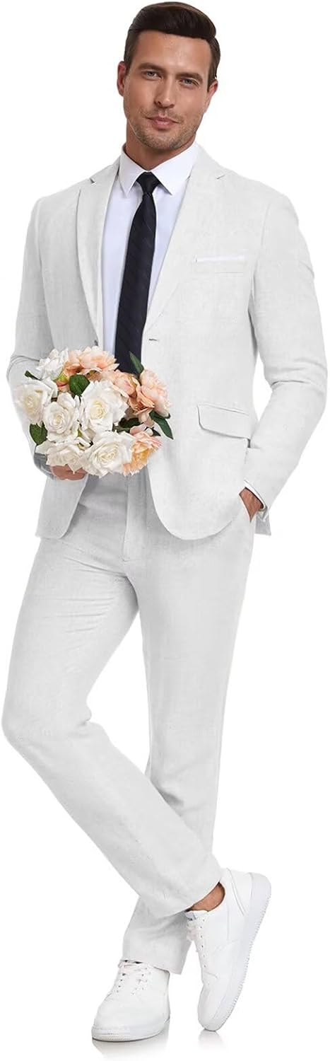 Men's Linen Suit 2 Piece Slim Fit Summer Beach Wedding Dress Tux Prom Suit Blazer Jacket and Pants