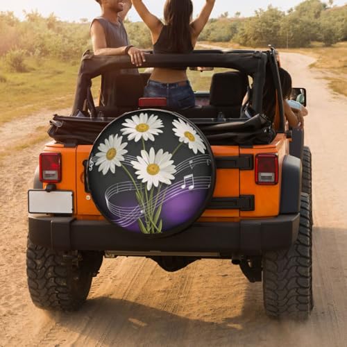 Image of Delerain Spare Tire Cover Music Notes Daisy Flowers Wheel Covers Waterproof Dust-Proof UV Sun Universal Fit for RV Trailer RV SUV Truck and Many Vehicle (18 Inch for Diameter 32 inch-34 inch)