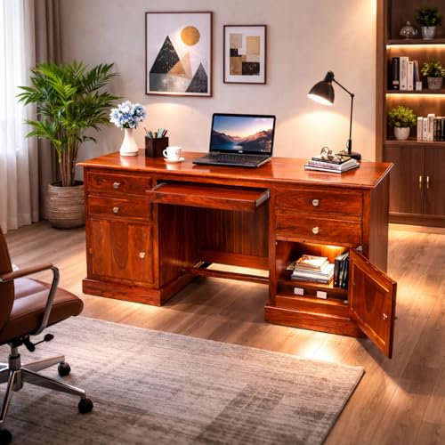 Image of Solid Sheesham Wood Office Desk with 4 Drawers & 2 Cabinets, Wooden Computer Table with Keyboard Tray & Footrest, Study Writing Desk for Home Office Furniture (Natural Finish Honey)