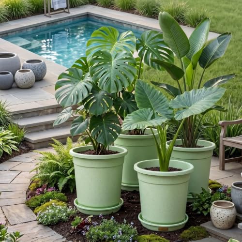 Image of 12 Inch Glossy Plastic Planter with Bottom Plate | Heavy Duty Flower Pot with Tray for Indoor Home Decor, Balcony, Living Room & Outdoor Garden (6 Pot, Mint Sparkle)