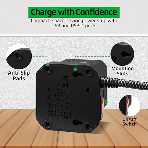 Image of Cube Power Strips with Surge Protection, 10ft Extension Cord with Multiple Outlets, 5 AC Plugs, 3 USB, 1 Usbc Fast Charging Power Strip with USB Ports, Mountable On /Off Switch Charging Station