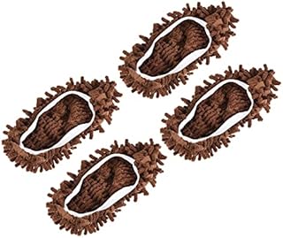 sourcing map Washable Cleaning Shoes Cover Multifunction Chenille Duster Mop Slippers Foot Socks for House Floor, Pack of 4 Brown