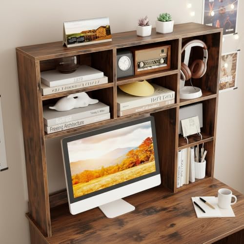 Image of Tangkula Desktop Bookshelf, 37 inch Countertop Storage Hutch with 7 Cubes & 3 Adjustable Shelves, 3-Tier Desk Display Rack Organizer, Multipurpose Wood Desktop Hutch for Dorm Home Office (Rustic Brown)