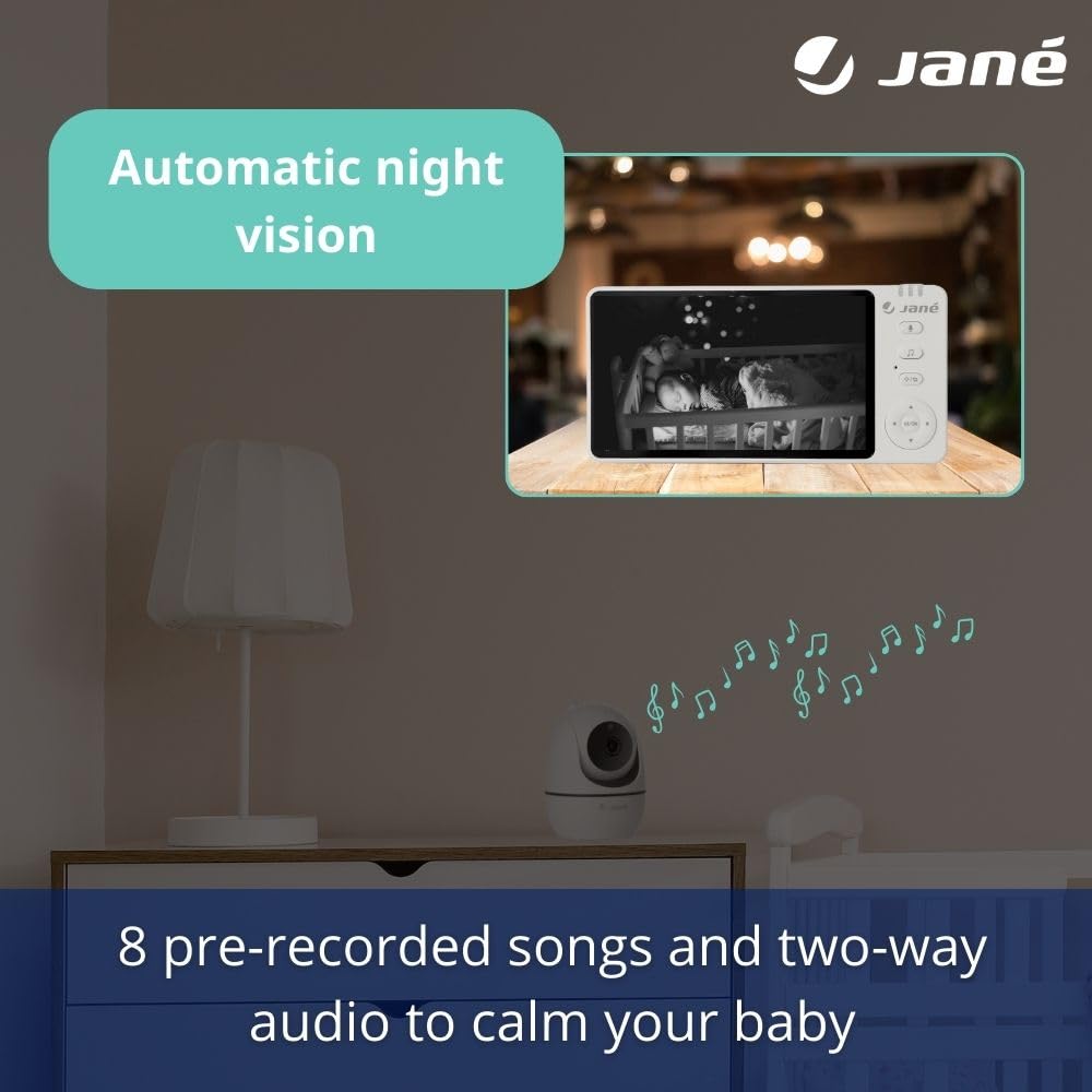 Jané Eye Pro Baby Monitor, elektroniczna niania z obrotową kamerą, przechylanie z silnikiem, ekran 5", dwukierunkowy dźwięk, noktowizor, duży zasięg, muzyka, niski pobór mocy baterii