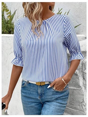 SweatyRocks Women's Button Back Decor Half Sleeve Crewneck Striped Blouse Tops3