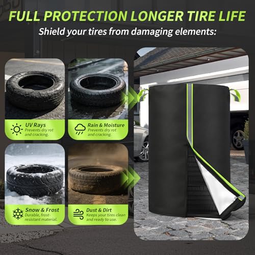 Image of Tire Cover for Storage, 420D Oxford Waterproof Up to 33in Tire Bag with Reflective Handles, Fits 4 Tires Storage Bag with Zipper & Drawstring Lock for UV Protection, Dirt-Resistant