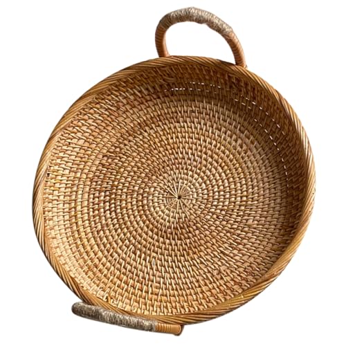 OKUMEYR Rattan Round Serving Tray Woven Coffee Table Basket with Handles for Kitchen Counter for Picnics Parties and Daily Use Storage for Fruits Snacks and Breads