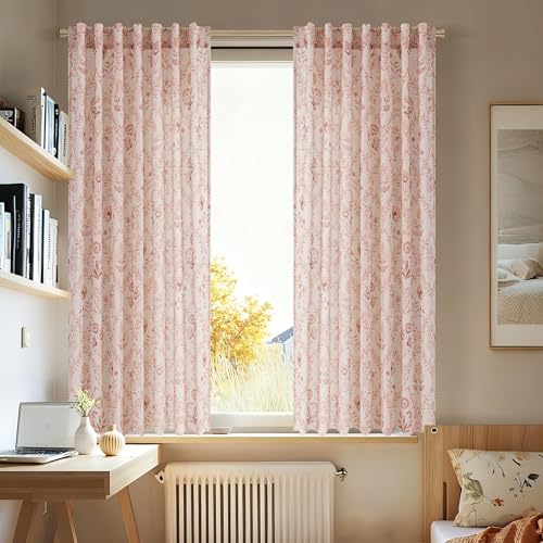 Image of Pink Floral Linen Sheer Curtains 45 Inch Length 2 Panels Set for Kitchen | Patterned Drapes, Semi Sheer, Girls Bedroom, Back Tab, Rod Pocket, Farmhouse, Boho, Cute, Short Cafe Window 52x45, Blush