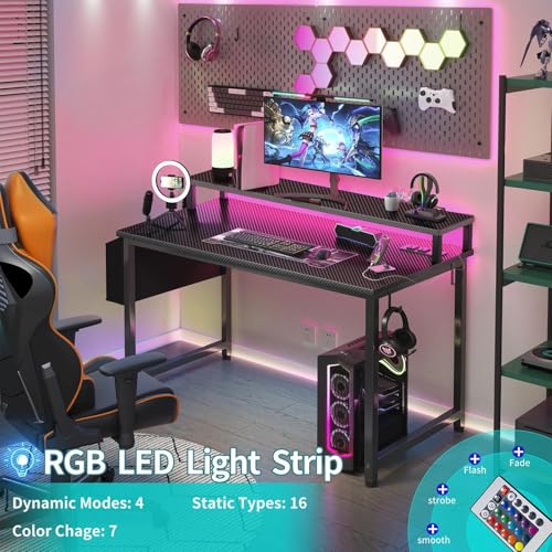 Image of Lufeiya Gaming Desk with Power Outlets and LED Lights, 40 Inch Gamer Desk Table with Charging Station, Home Office Computer Desks with Monitor, Black