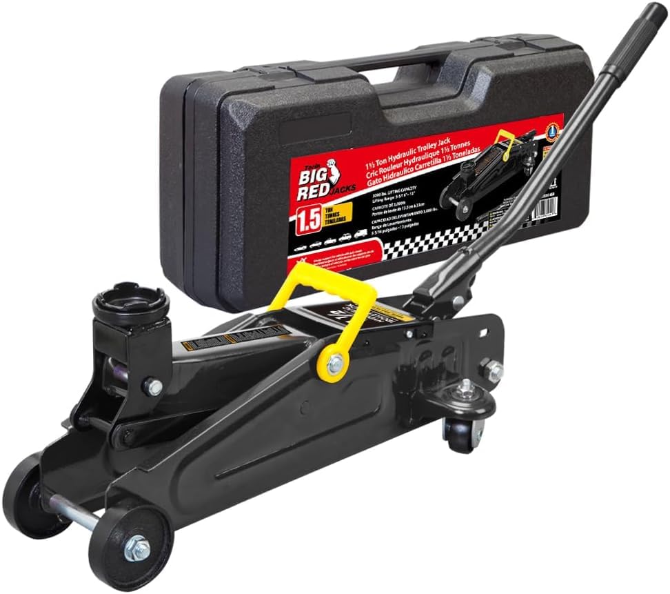 Image of Big RED 1.5 Ton Low Profile Hydraulic Trolly Service /Floor Jack with Blow Mold Carrying Storage Case, Lifting Range 5.6 inch-13 inch, Black