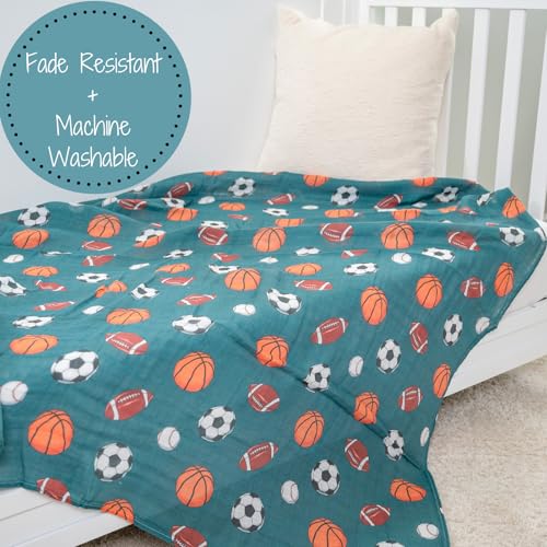 Image of LollyBanks Muslin Swaddle Blankets, 100% Cotton Baby Swaddle Blanket for Boys, Large 47 x 47 Inches Newborn Swaddles, Soft and Breathable Baby Receiving Blankets, Registry (Sports Theme Print)