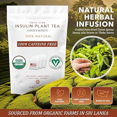 True Vine Insulin Plant Tea (USDA Organic) Herbal Organic Tea Bags for Blood Sugar Support, Digestive Wellness & Metabolic Balance 100% Natural, Caffeine-Free, No Additives 31 Sachets (4g Each)