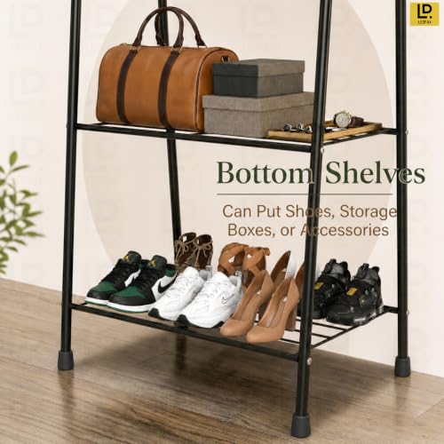 Image of LEOPAX Heavy Duty Metal Clothes Rack with 2 Shelves, Garment Hanging Rail & Coat Stand for Clothes, Shoes, Bags Storage, Freestanding Wardrobe Organizer for Bedroom, Entryway & Laundry Room - Black