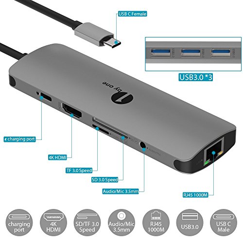 1byone USB C Hub USB C Adapter 9 in 1 with USB-C Charging, Port of Mic/Audio, 3 USB 3.0 Ports, HDMI, SD, Micro SD Compatible for MacBook Pro, Surface Pro,Notebook PC, USB Flash Drives and More - Thumbnail 5