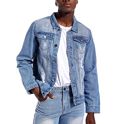Image of Mens Denim Jacket Ripped Slim Jean Jacket Coat for Men