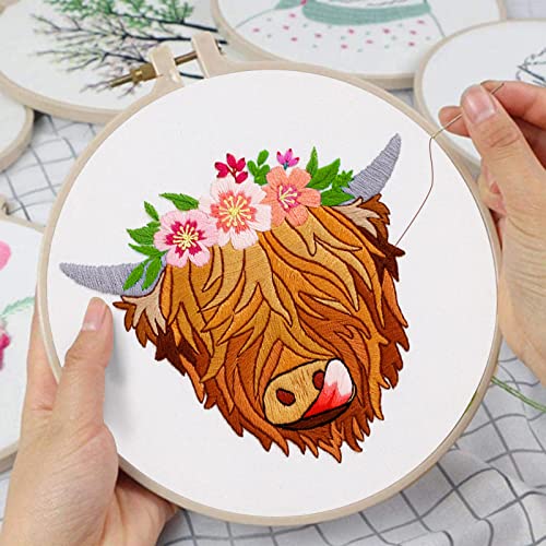 Image of Louise Maelys Highland Cow Stamped Embroidery Kit Floral DIY Craft | Complete DIY Set for Home Crafting or Gifting. Cross Stitch Kits for Adults with Highland Cow Design and Needlepoint Kit
