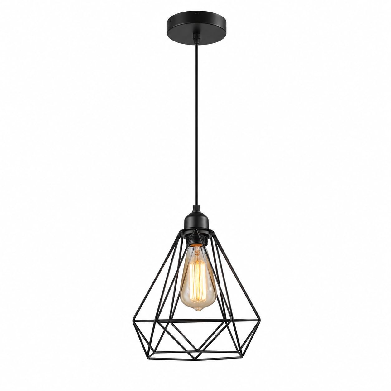 ESIYUVO Industrial Pendant Light Fixture, Modern Geometric Cage Hanging Lamp with Black Iron Frame and E27 Socket, Adjustable 47.24 Inch Cord Ceiling Lighting for Kitchen Island