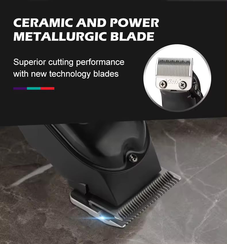 Close-up view of the VGR V-051 hair clipper's ceramic and powder metallurgic blade.