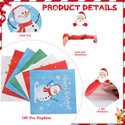 Faccito 100 Pcs Christmas Napkins Snowman Paper Napkins Merry Christmas Tree Snowflake Cocktail Napkins Xmas Elk Guest Paper Towel for Winter Holiday New Year Family Gathering Party Supplies – Image 4