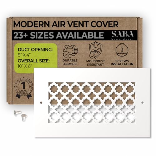 SABA Home Decor Air Vent Cover Grille - Acrylic Plexiglass 4" x 8" Duct Opening, 6" x 10" Overall Decorative Covers for Walls & Ceilings NOT for Floor USE, Venetian (4" x 8" with Screws, White)