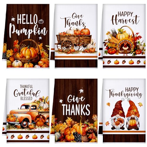 Geyoga Set of 6 Fall Kitchen Towels Pumpkin Autumn Dish Hand Tea Gnomes Towels for Thanksgiving Kitchen Decorative Absorbent Fast Drying Cloth for Bathroom Cooking 16
