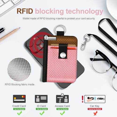Image of Minimalist RFID Blocking Small Wallet with ID Window,WaterResistant Zip Id Case Wallet with Lanyard Keychain for Cards,Cash,Travel,Women,Men (Pink /Brown)