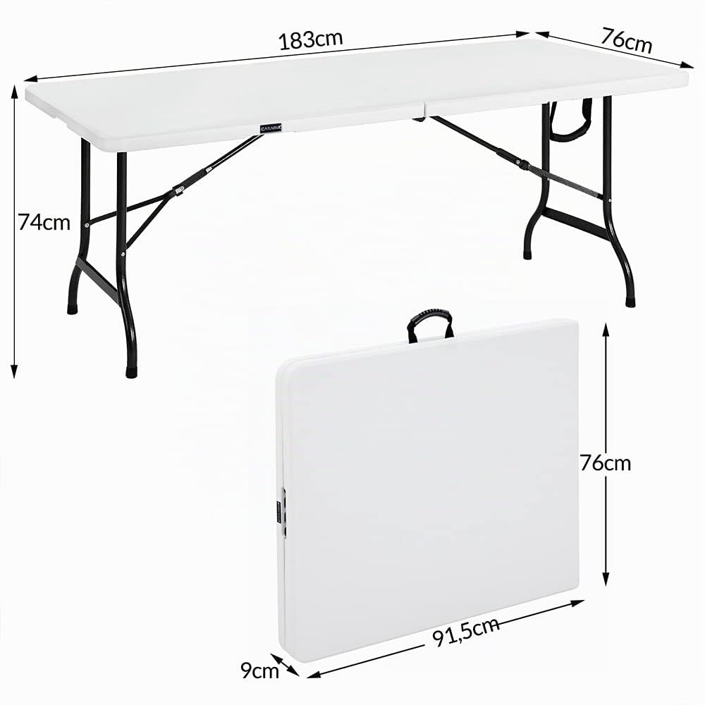 CASARIA Mesa de Jardín Plegable Con Asa 180x76x74 - Camping Portátil Para Exterior, Plástica Blanca Para Fiestas