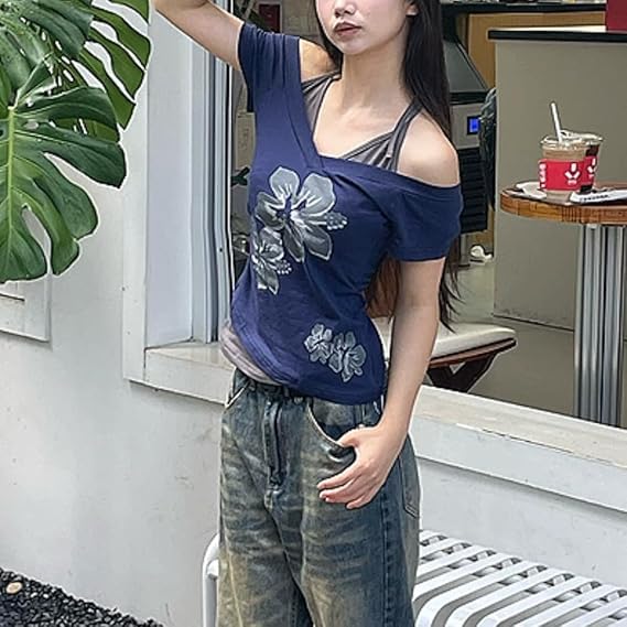 Y2k Baby Tee Women Crop Top Summer 2025 Streetwear 2000s Goth Emo Grunge Shirts Fake 2 Piece Grahpic Tees3