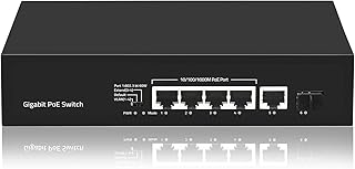 KuWFi Gigabit Ethernet Network Switch Plug & Play High Speed with 4 PoE Ports and 1 Ethernet Uplink and 1 Uplink Fiber for IP Camera and Access Points -52V