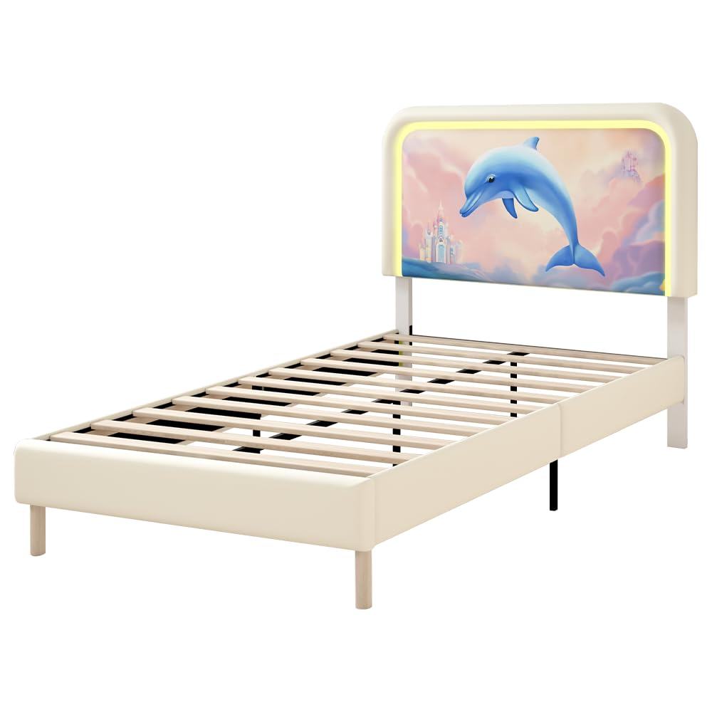 aoohxzr Twin Smart Cute Dolphin LED Bed Frames for Kids,with Adjustable Ultra-Thick Headboard,Full Size Platform Bed Frames for Boys and Girls,Wooden Slats Support,No Box Spring Needed, Easy Assembly