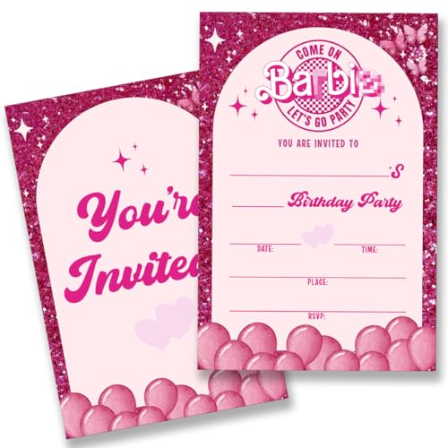 QZJ Pink Doll Birthday Party Invitations Supplies with Envelopes Set of 20 Girl Birthday Invites Fill in Blank Double Sided