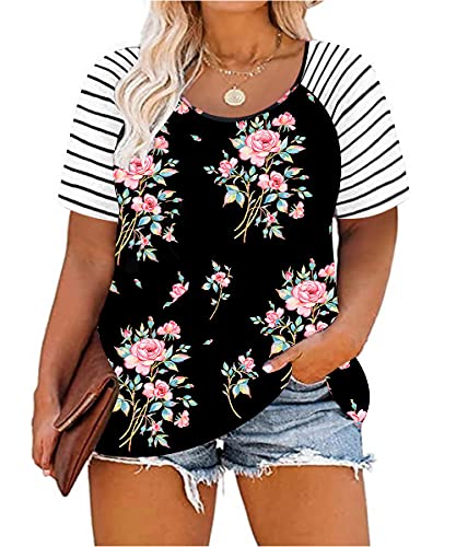 Image of CARCOS Plus Size Tops for Women Short Sleeve Raglan Striped Tee Color Block Crewneck /V Neck Tunic Loose Fit Summer XL-5XL
