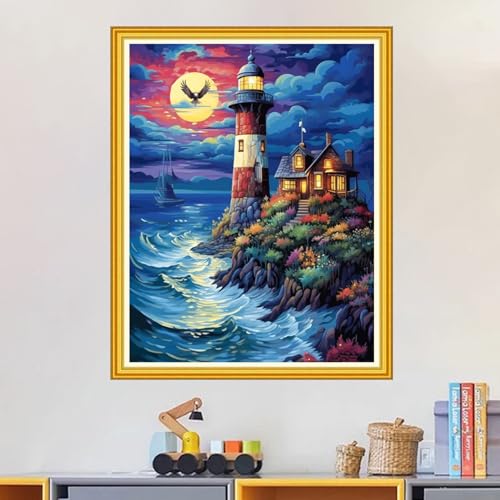 Image of Magxvouy Cross Stitch Kits Stamped Full Range of Embroidery Kits,Cross Stitch Patterns Needlework Kits for Beginners 11CT Printed Kits&Seaside Lighthouse 16x20 inch