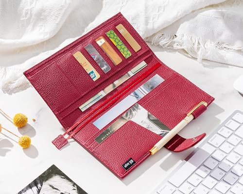 Image of Genuine Leather Planner Cover for Hobonichi Weeks /Weeks Mega with Pen Loop, Card Slots, Back Pocket, and Bookmarks (Red)