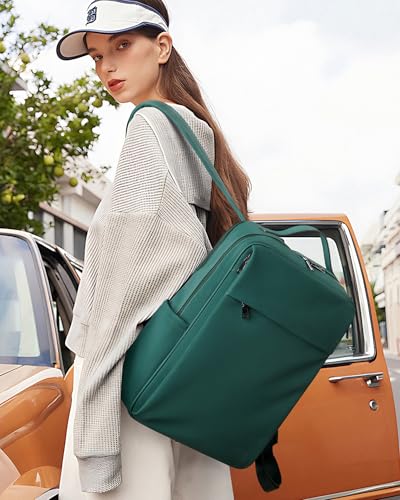 MASINTOR 15.6 inch PU Leather Laptop Backpack Purse for Women, Large College Casual Backpack Travel Bag Retro Green2