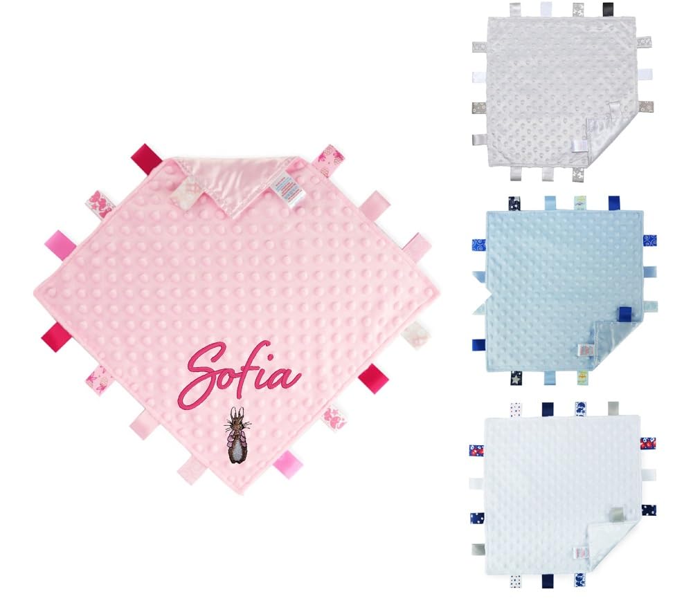 Teeny Buddens Baby Comforter, Personalised Embroidered Security Blanket, Peter Rabbit Design, 35 x 35 cm, Dimple Fabric, Satin Back (Blue)
